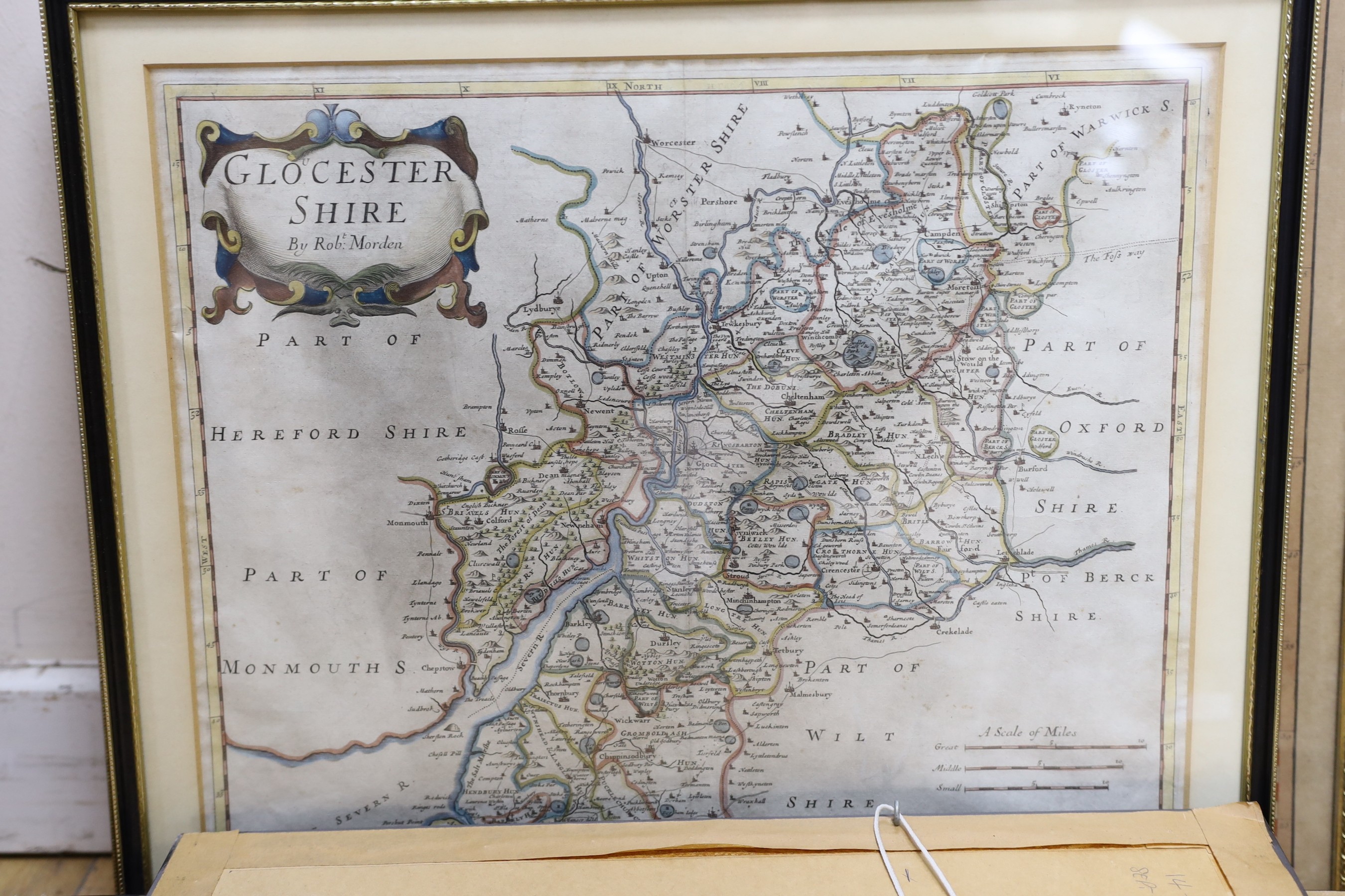 Robert Morden, coloured engraving, Map of Somerset Shire, further Morden maps of Cumberland, Gloucestershire, Scotland and Westmorland, a Bowen map of Essex, a Saxton & Hole map of Universi Derbiensis and three later ste